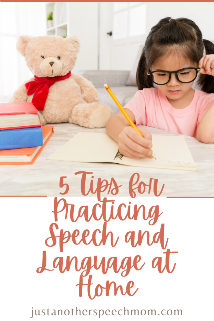 Pinterest pin of a girl practicing speech and language skills at home