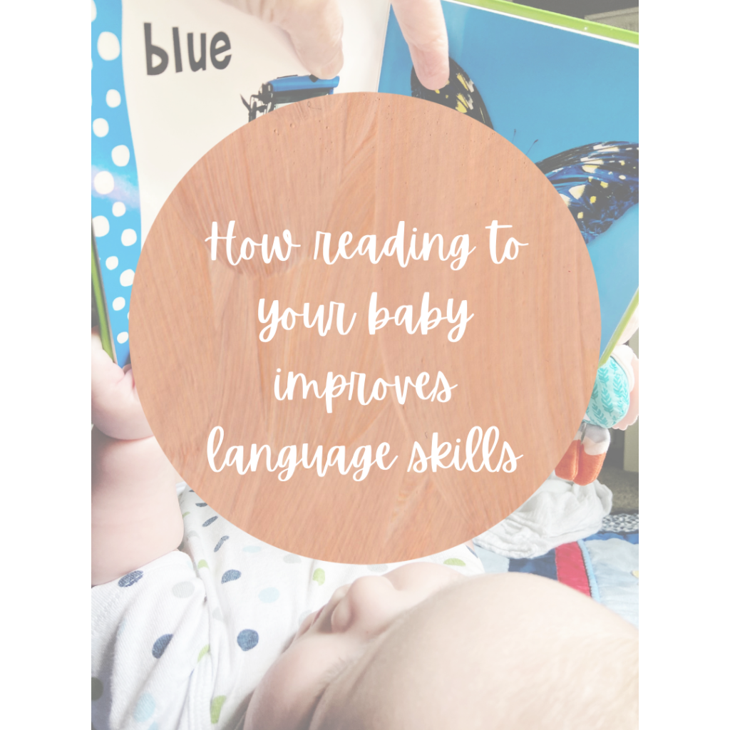 A picture of a parent holding up a book and participating in shared reading with a 3 month old.