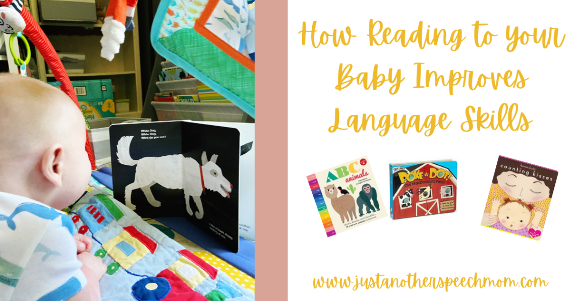 A picture of a baby looking at a book participating in shared reading during tummy time