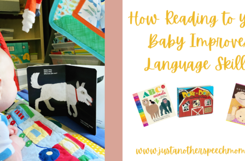 A picture of a baby looking at a book participating in shared reading during tummy time